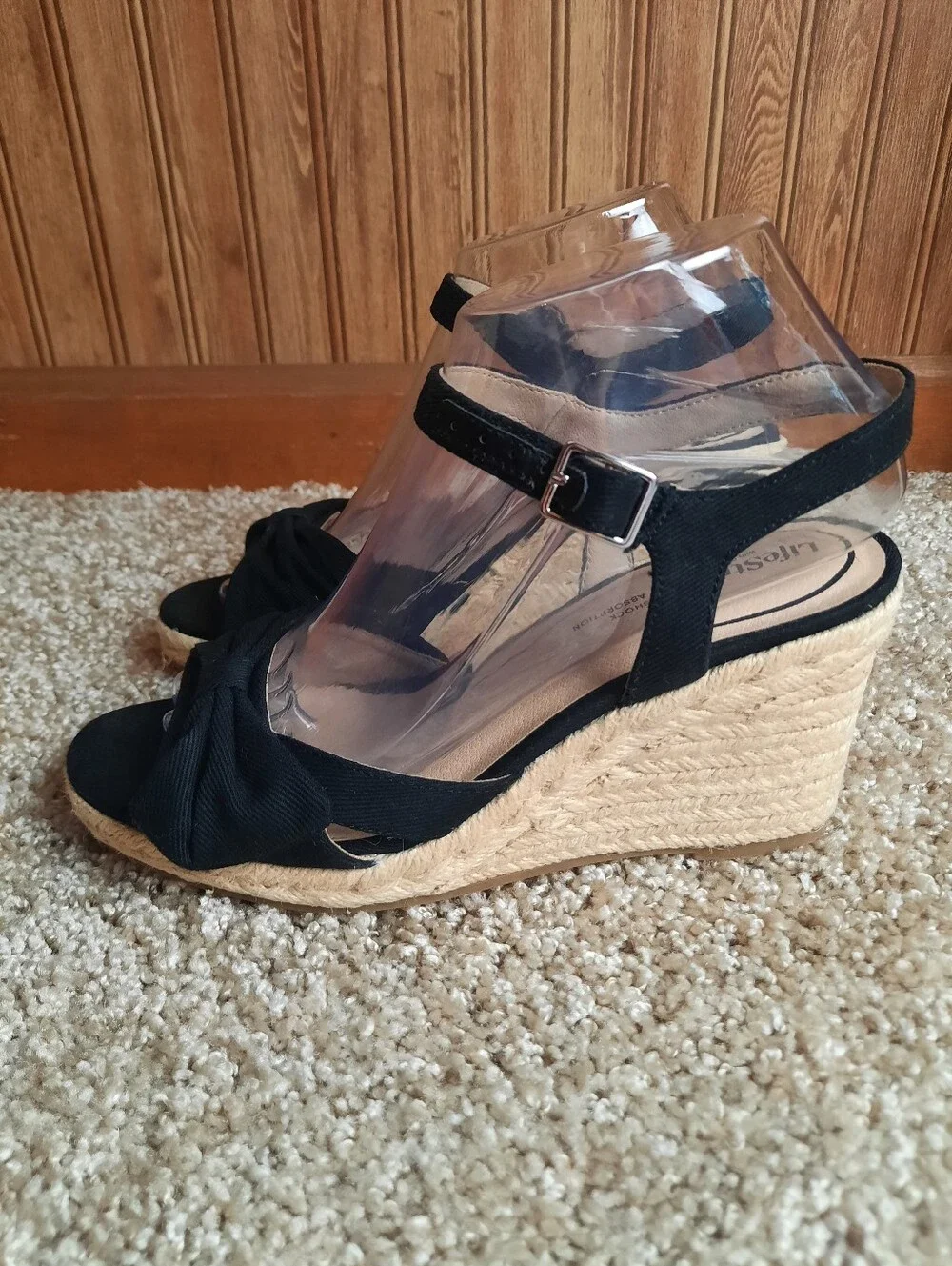 🛍 UIB Life Stride Tahlia Black Canvas Ankle Strap Bow Espadrille Wedges Size 7
